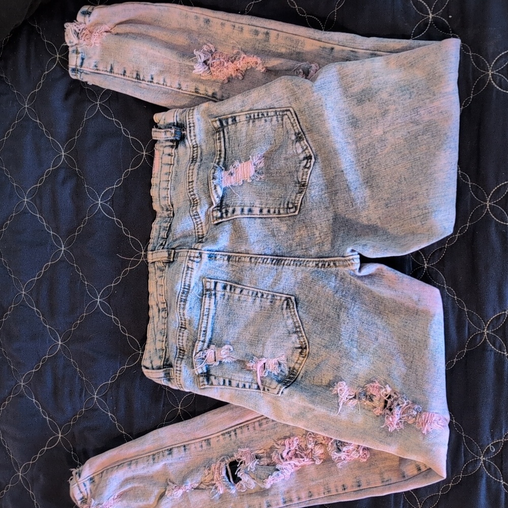 Almost Famous Light Blue Pink Wash Distressed With Holes 90's grunge Jeans GUC - Picture 5 of 12